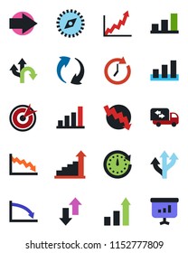 Color and black flat icon set - right arrow vector, growth statistic, crisis graph, route, sorting, update, data exchange, compass, bar, moving, target, clock, presentation