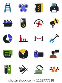 Color and black flat icon set - fence vector, speaking man, meeting, circle chart, shovel, ripper, ladder, butterfly, hose, microphone, video camera, remote control, clock, news, checklist, printer