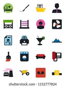 Color and black flat icon set - factory vector, wheelbarrow, scalpel, hospital bed, patient, themes, record, document folder, abacus, printer, mountains, estate, agent, cushioned furniture, cocktail