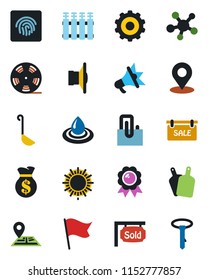 Color and black flat icon set - sun vector, gear, medal, navigation, reel, speaker, share, place tag, fingerprint id, paper clip, sale, sold signboard, ladle, cutting board, water, radiator, flag