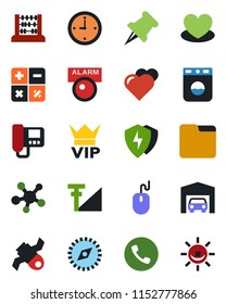 Color and black flat icon set - phone vector, vip, calculator, abacus, mouse, heart, satellite, share, paper pin, protect, folder, compass, cellular signal, clock, garage, intercome, washer