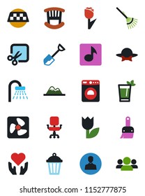 Color and black flat icon set - taxi vector, shower, washer, shovel, rake, garden light, heart hand, tulip, themes, user, cut, music, office chair, mountains, children room, phyto bar, dress code