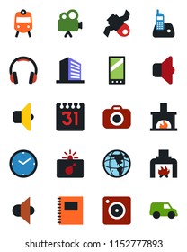 Color and black flat icon set - train vector, bomb in case, office building, satellite, camera, speaker, video, headphones, radio phone, mobile, calendar, copybook, clock, fireplace, sound, earth