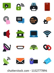 Color and black flat icon set - satellite antenna vector, mail, video camera, touch screen, laptop pc, chain, phone back, message, network, wireless, printer, house, hot dog, lock, sound, home
