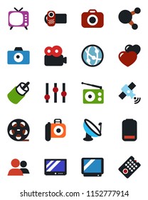 Color and black flat icon set - camera vector, satellite antenna, reel, radio, tv, settings, video, network, share, group, heart, low battery, rca, remote control