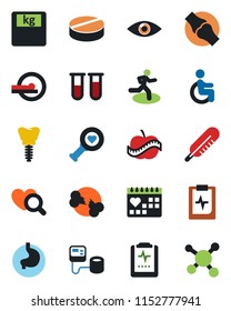 Color and black flat icon set - blood pressure vector, test vial, thermometer, heart diagnostic, scales, pills, tomography, run, disabled, stomach, implant, eye, joint, broken bone, medical calendar