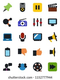 Color and black flat icon set - clapboard vector, reel, radio, speaker, loudspeaker, settings, tv, microphone, remote control, monitor, laptop pc, share, group, finger up, down, paper pin, battery