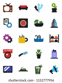 Color and black flat icon set - luggage storage vector, document reload, flower in pot, route, tv, settings, record, office building, pool, mountains, cushioned furniture, city house, phyto bar