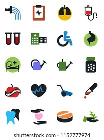 Color and black flat icon set - disabled vector, watering can, lawn mower, heart pulse, blood test vial, dropper, pills, bottle, hospital bed, hand, stomach, lungs, tooth, clipboard, diet