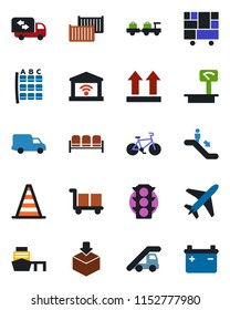 Color and black flat icon set - plane vector, escalator, waiting area, baggage larry, ladder car, border cone, seat map, bike, traffic light, cargo container, delivery, sea port, consolidated