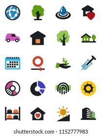 Color and black flat icon set - luggage storage vector, circle chart, tree, sun, syringe, network, brightness, fingerprint id, calendar, house with, sweet home, smart, water, palm sproute, car