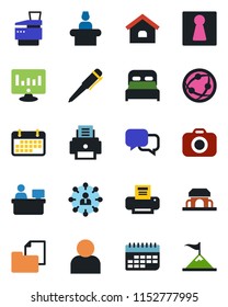 Color and black flat icon set - female vector, reception, hierarchy, pen, manager place, statistic monitor, term, folder document, camera, network, dialog, user, printer, copier, house, bedroom
