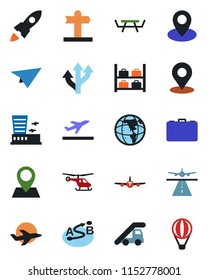 Color and black flat icon set - runway vector, departure, ladder car, plane, helicopter, luggage storage, airport building, case, picnic table, route, signpost, pin, place tag, rocket, earth, paper