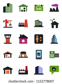 Color and black flat icon set - airport tower vector, elevator, office building, factory, house, hospital, warehouse, sold signboard, crane, cafe, eco, home control app, message