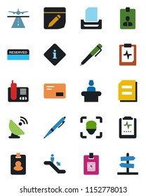 Color and black flat icon set - runway vector, escalator, reception, identity card, document, pulse clipboard, satellite antenna, radio phone, mail, notes, face id, paper tray, pen, reserved, pass