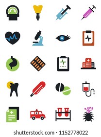 Color and black flat icon set - heart pulse vector, diagnosis, syringe, blood test vial, dropper, thermometer, microscope, pills, blister, tomography, ambulance car, stomach, caries, implant, eye