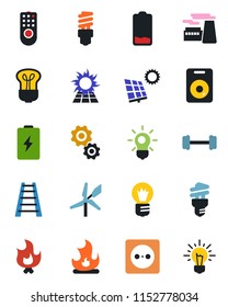 Color and black flat icon set - bulb vector, factory, ladder, fire, barbell, speaker, low battery, sun panel, socket, remote control, energy saving, windmill, gear, idea