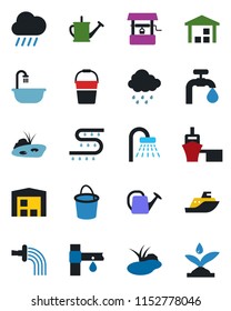 Color and black flat icon set - shower vector, watering can, bucket, rain, well, pond, drip irrigation, sea shipping, port, warehouse, water supply, bathroom