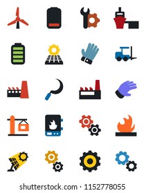 Color and black flat icon set - fork loader vector, gear, glove, sickle, sea port, flammable, battery, low, root setup, sun panel, windmill, crane, factory, water heater