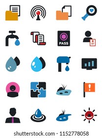 Color and black flat icon set - passport vector, contract, statistic monitor, water drop, heart diagnostic, patient, important flag, folder document, antenna, application, pond, supply, estate agent