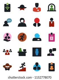 Color and black flat icon set - male vector, reception, team, manager place, run, doctor, support, client, speaker, identity card, career ladder, estate agent, waiter, dress code, pass