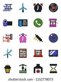 Color and black flat icon set - alarm clock vector, phone, abacus, well, film frame, vinyl, tv, video camera, office, fireplace, rolling pin, outdoor lamp, windmill, sand