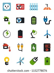 Color and black flat icon set - bulb vector, battery, low, rca, charge, desk lamp, air conditioner, home control, socket, power plug, water heater, radiator, warm floor, windmill