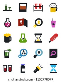 Color and black flat icon set - document search vector, blood test vial, thermometer, ampoule, cargo, torch, client, alcohol, wine card, drink, phyto bar, beer, consumer, flask, sand clock
