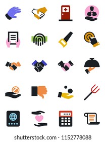 Color and black flat icon set - passport vector, medical room, handshake, document, farm fork, glove, saw, heart hand, client, touch screen, finger down, fingerprint id, waiter, combination lock