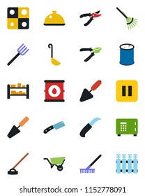 Color and black flat icon set - safe vector, trowel, farm fork, rake, wheelbarrow, pruner, hoe, garden knife, oil barrel, rack, pause button, application, dish, ladle, radiator