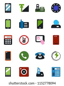 Color and black flat icon set - phone vector, no mobile, office, cell, radio, back, camera, cellular signal, charge, support, home control app, combination lock