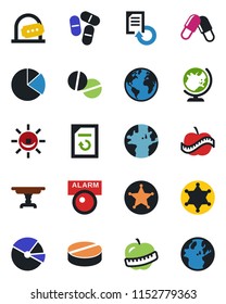 Color and black flat icon set - ticket office vector, globe, document reload, pills, diet, earth, pie graph, table, police, alarm led