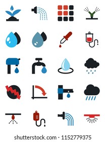 Color and black flat icon set - crisis graph vector, watering, water drop, rain, drip irrigation, dropper, menu, supply, sprinkler