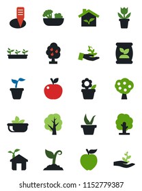 Color and black flat icon set - flower in pot vector, seedling, tree, sproute, plant label, fertilizer, fruit, salad, apple, eco house, palm