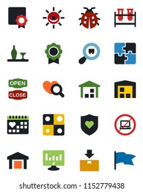 Color and black flat icon set - no laptop vector, statistic monitor, lady bug, blood test vial, heart diagnostic, shield, medical calendar, warehouse, package, search cargo, application, sertificate
