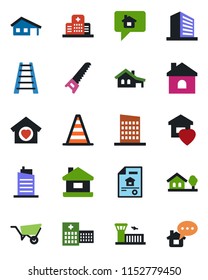Color and black flat icon set - border cone vector, airport building, office, ladder, wheelbarrow, saw, house, hospital, with garage, tree, estate document, sweet home, city, message