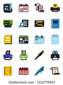 Color and black flat icon set - contract vector, document search, pen, notepad, calendar, printer, medical, news, copybook, schedule