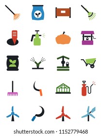 Color and black flat icon set - fence vector, rake, wheelbarrow, well, sickle, plant label, pumpkin, greenhouse, garden sprayer, fertilizer, windmill, irrigation