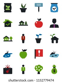 Color and black flat icon set - bomb in case vector, manager, seedling, plant label, fertilizer, important flag, house with tree, pond, fruit, estate agent, apple, eco, money bag