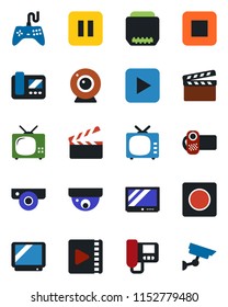 Color and black flat icon set - clapboard vector, tv, gamepad, video camera, play button, pause, stop, hdmi, record, web, intercome, surveillance