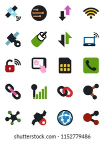 Color and black flat icon set - wireless notebook vector, satellite, share, chain, rca, call, sim, network, data exchange, cellular signal, lock, home control app, social media
