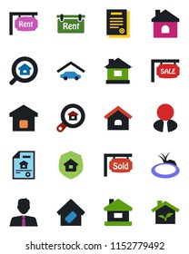 Color and black flat icon set - house vector, pond, contract, garage, estate document, sale, rent, sold signboard, search, agent, smart home, insurance, eco