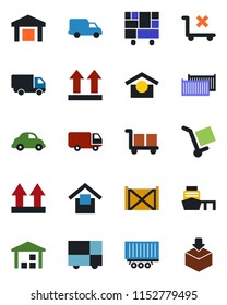 Color and black flat icon set - truck trailer vector, cargo container, car delivery, sea port, consolidated, warehouse storage, up side sign, no trolley, package