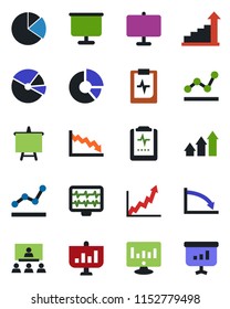 Color and black flat icon set - growth statistic vector, presentation board, monitor, circle chart, pulse, clipboard, pie graph, point, hierarchy, arrow up, crisis