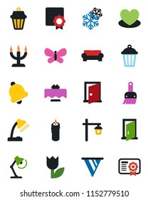 Color and black flat icon set - butterfly vector, garden light, heart, tulip, themes, bell, sertificate, desk lamp, cushioned furniture, restaurant table, candle, snowflake, outdoor, door, pennon