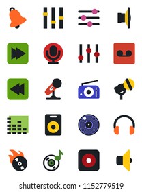 Color and black flat icon set - vinyl vector, flame disk, microphone, radio, speaker, settings, equalizer, headphones, fast forward, rewind, rec button, tuning, bell, record, music, sound