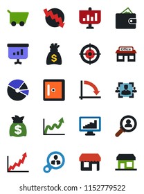 Color and black flat icon set - checkroom vector, money bag, crisis graph, store, monitor statistics, pie, hr, target, consumer search, wallet, growth, cart, presentation, storefront