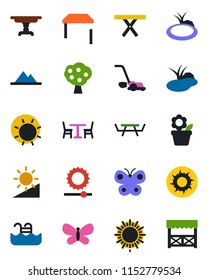 Color and black flat icon set - cafe vector, sun, flower in pot, lawn mower, butterfly, pond, picnic table, brightness, pool, fruit tree, mountains, alcove