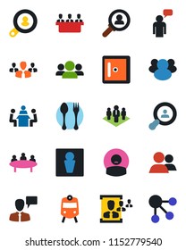 Color and black flat icon set - spoon and fork vector, train, male, checkroom, speaking man, meeting, patient, group, hr, company, client search, consumer, social media