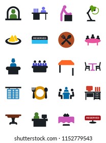 Color and black flat icon set - cafe vector, baby room, reception, flight table, desk, meeting, manager place, lamp, restaurant, serviette, reserved